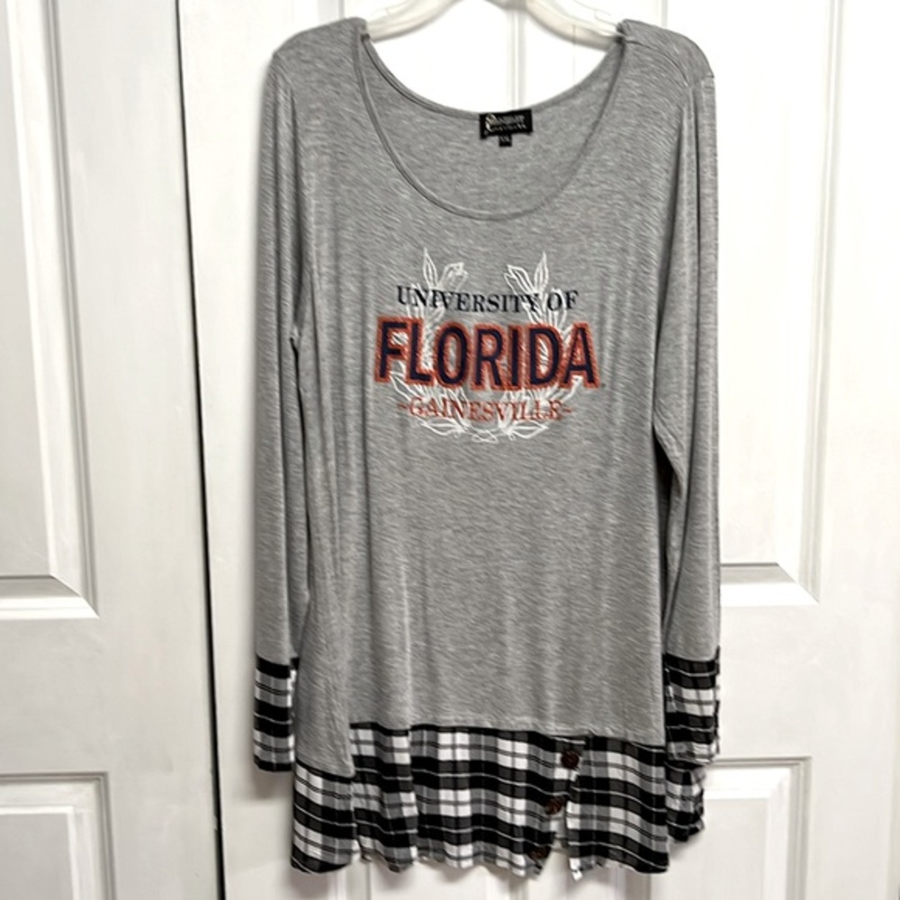 University Of Florida Gainesville Gray Plaid Trim Graphic Tunic Top Size XXL